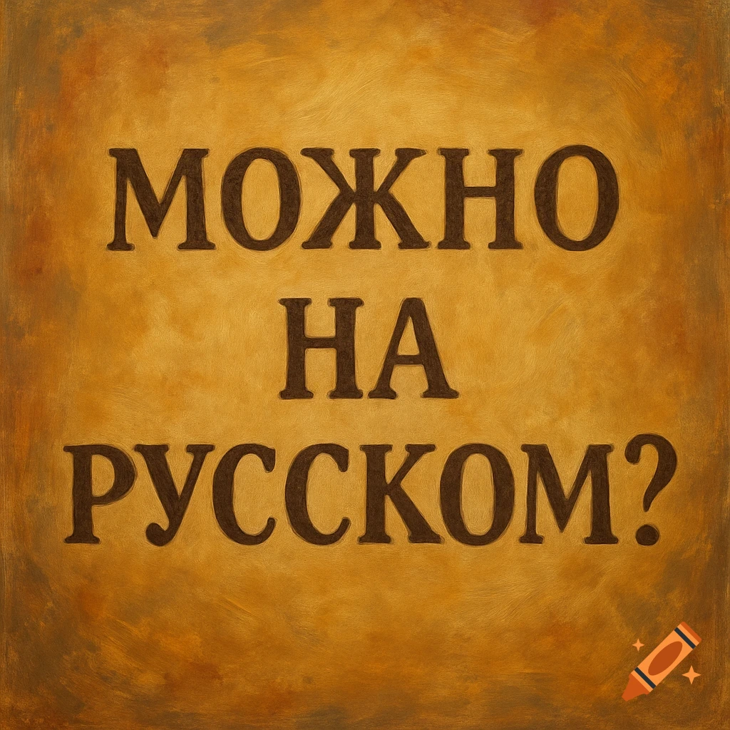 Russian text 'МОЖНО НА РУССКОМ?' on a textured, golden-brown background.