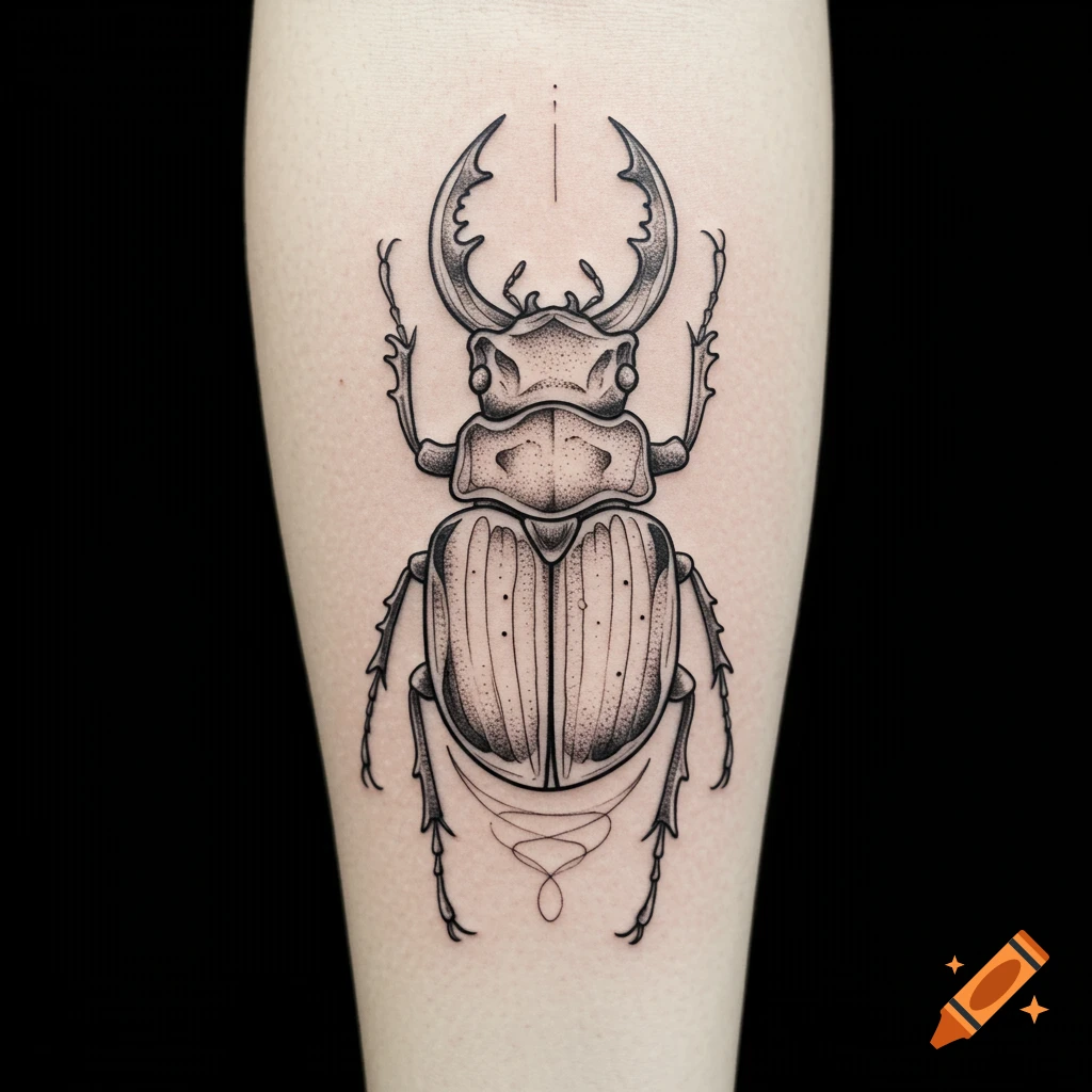 Detailed black and white thin line tattoo of a scarab beetle with its elytra slightly opened on human skin.