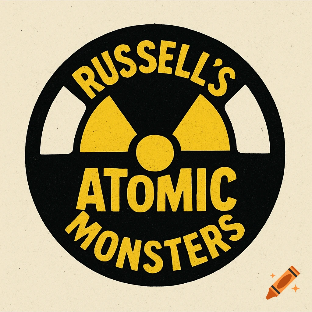 A retro-style circular logo featuring a yellow radiation symbol on a black background, with "RUSSELL'S ATOMIC MONSTERS" in yellow text curved around the top and bottom.