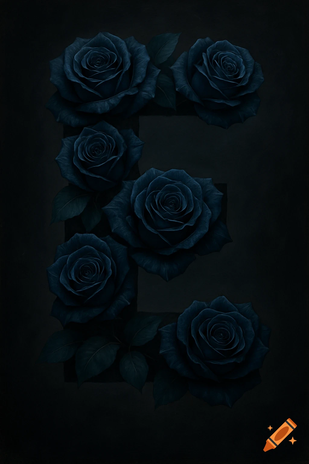 Dark blue realistic roses are arranged to form the shape of a capital letter E on a dark background.