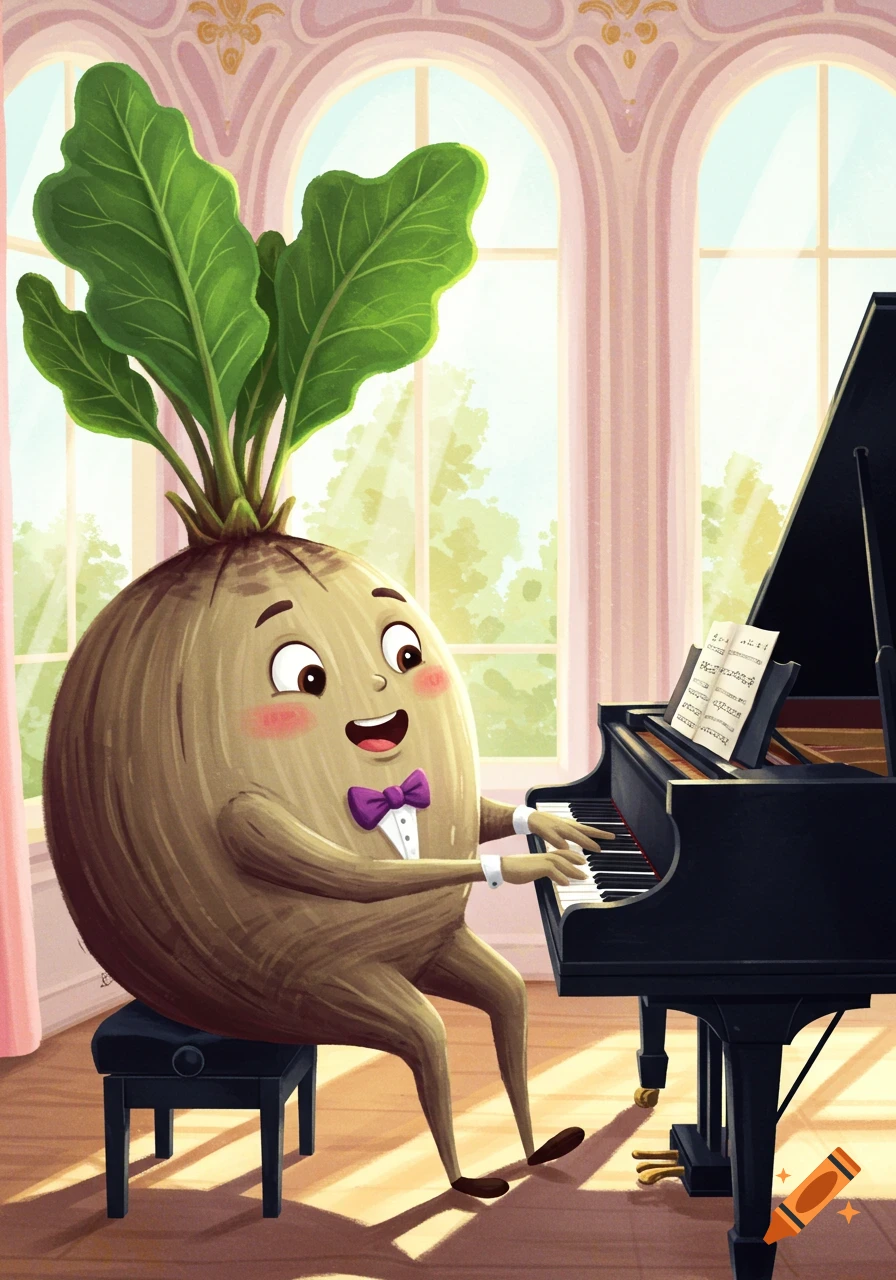 A happy, cartoon sugar beet in a tuxedo plays a grand piano in a bright room with arched windows.