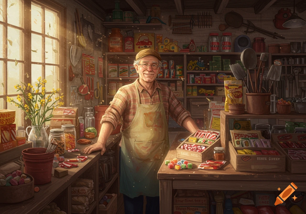 An elderly man in an apron and cap smiles behind the counter of a sunlit, old-fashioned general store filled with various goods.
