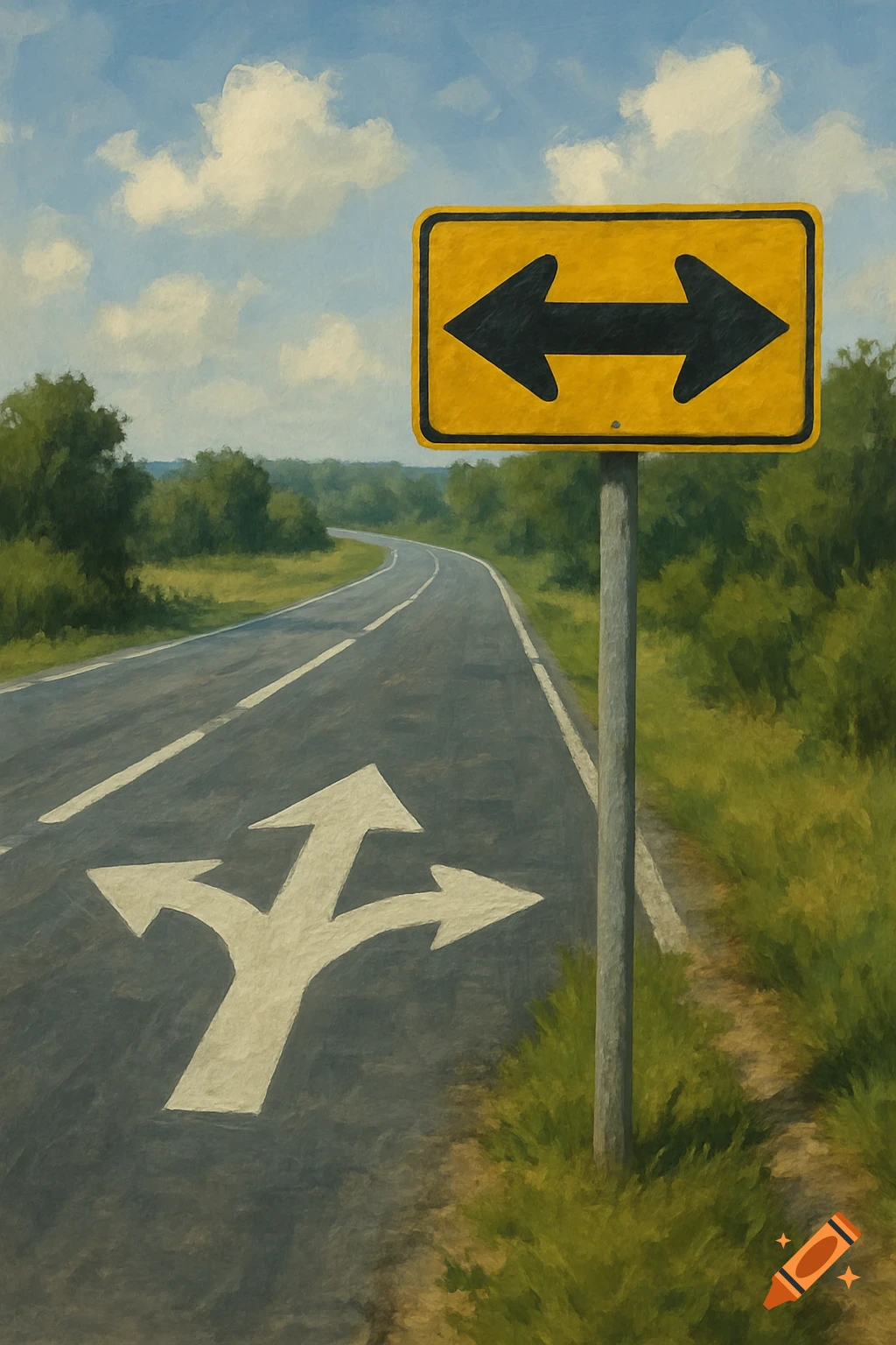 Impressionistic painting of a winding road with a yellow sign showing left and right arrows, and a three-way arrow on the pavement.