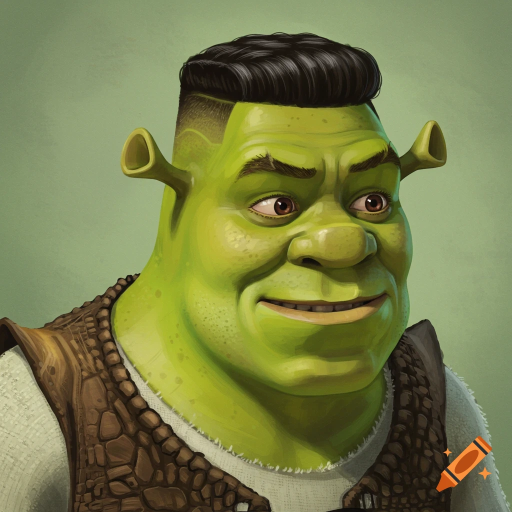 A detailed portrait of Shrek with a modern low taper fade haircut.