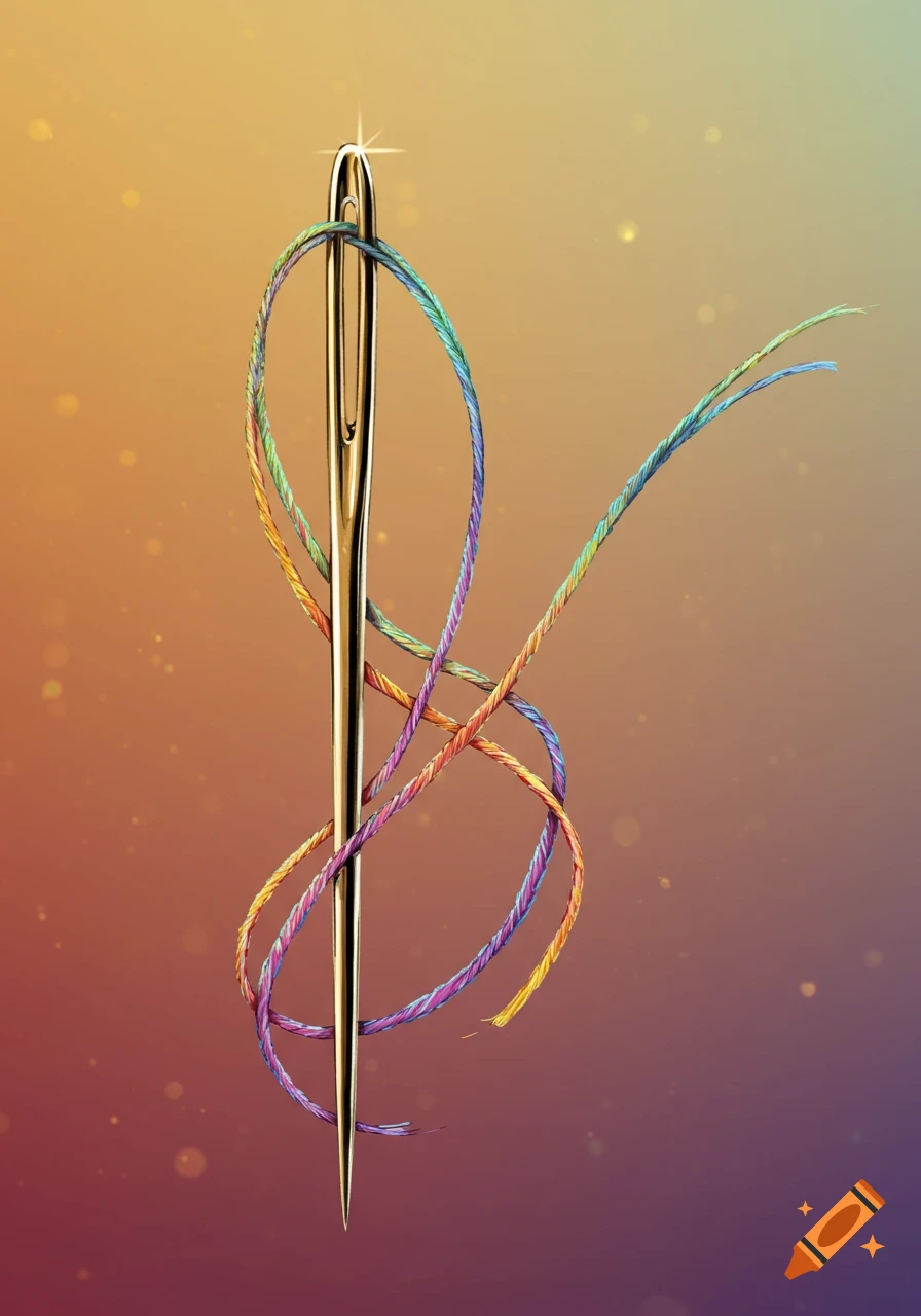 A shiny golden sewing needle threaded with intertwined colorful threads, set against a warm gradient background.
