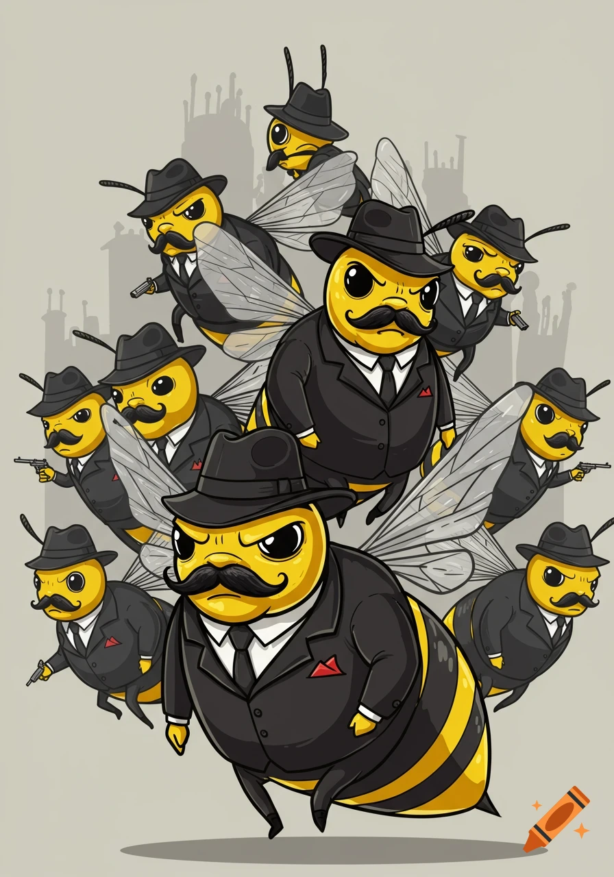 Cartoon illustration of multiple bees dressed in black mafia suits, fedora hats, and mustaches, some holding small guns.