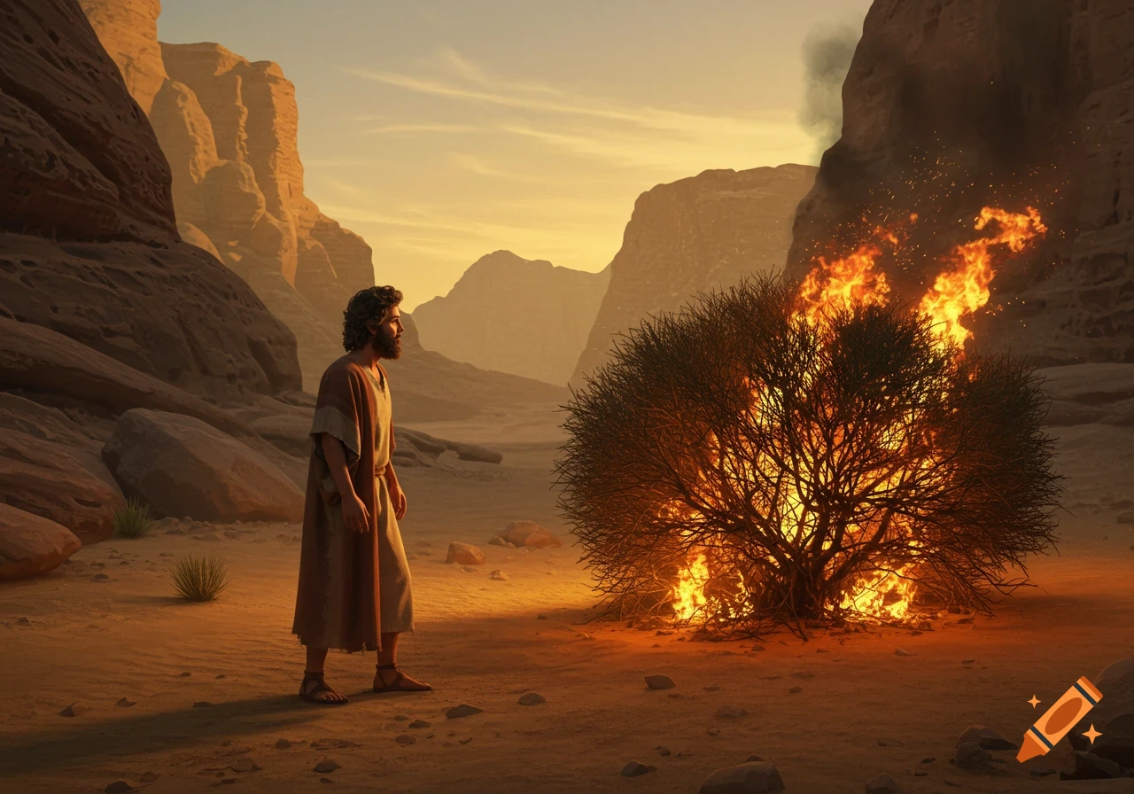 Photorealistic depiction of Moses looking at a burning bush in a desert with mountains at sunset.