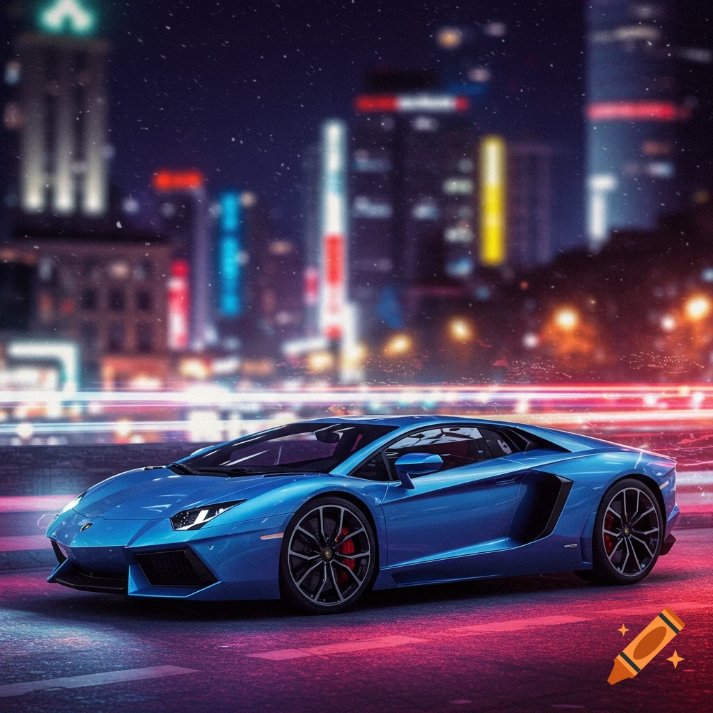 A blue Lamborghini sports car parked on a wet city street at night, with blurred colorful city lights in the background.