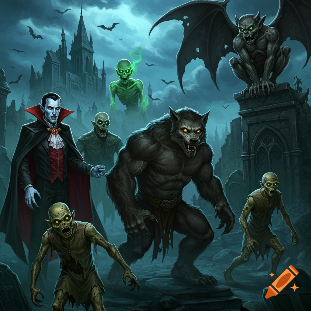 A variety of gothic monsters including a vampire, werewolf, gargoyle, and zombies in a graveyard with a castle and bats under a stormy sky.