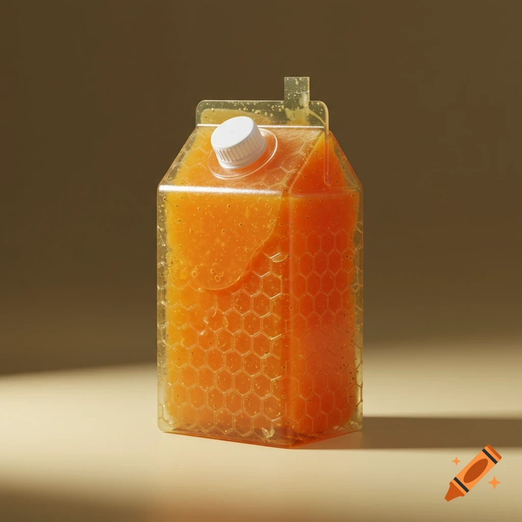 A minimalist, transparent juice box filled with orange liquid, featuring a honeycomb texture and a white cap, on a studio backdrop.
