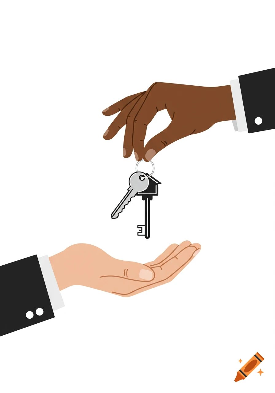 An illustration of a dark-skinned hand giving house keys to a lighter-skinned open hand.