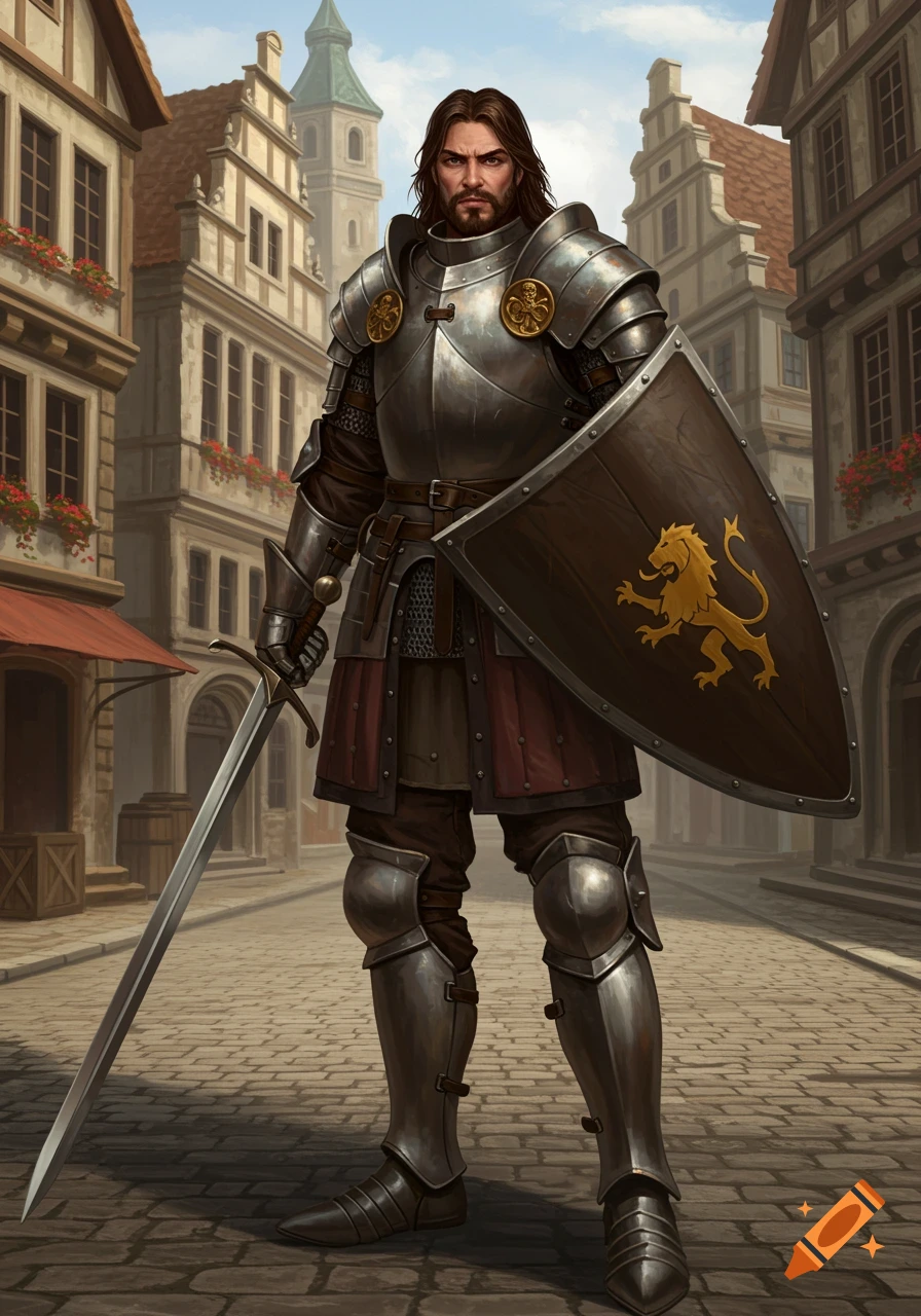 Full body portrait of a knight in polished plate armor holding a sword and shield with a golden lion emblem, standing in a medieval town street.