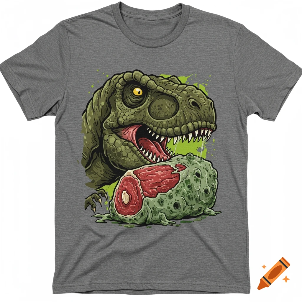 A grey t-shirt featuring a green cartoon Tyrannosaurus Rex with its mouth open, looking at a large piece of mouldy meat.