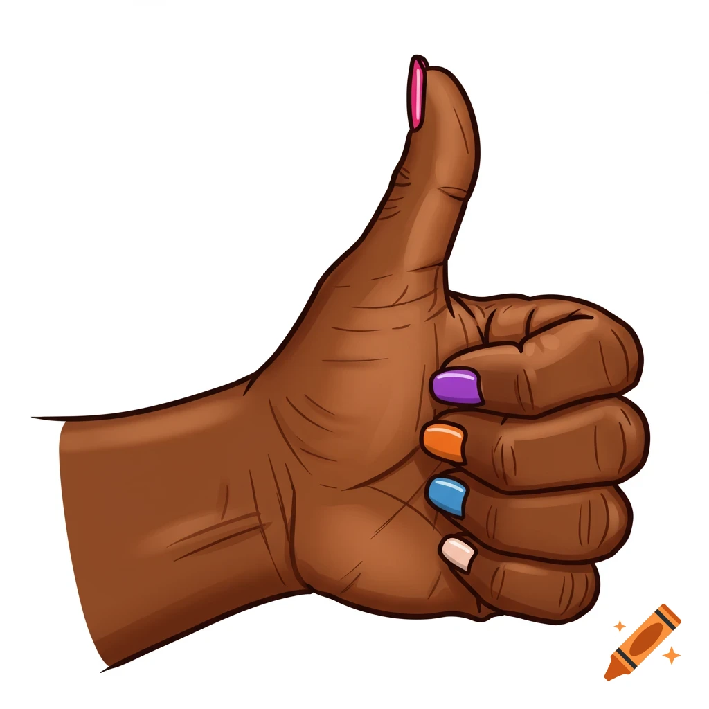 Cartoon African American hand with multi-colored acrylic nails giving a thumbs up.