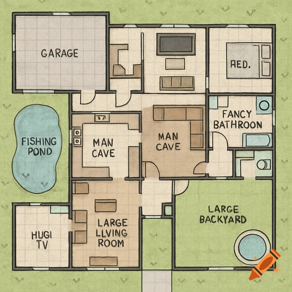 An overhead view of a dream house floor plan with a garage, fishing pond, two man caves, a bedroom, fancy bathroom, huge TV room, large living room, large backyard, and a hot tub.