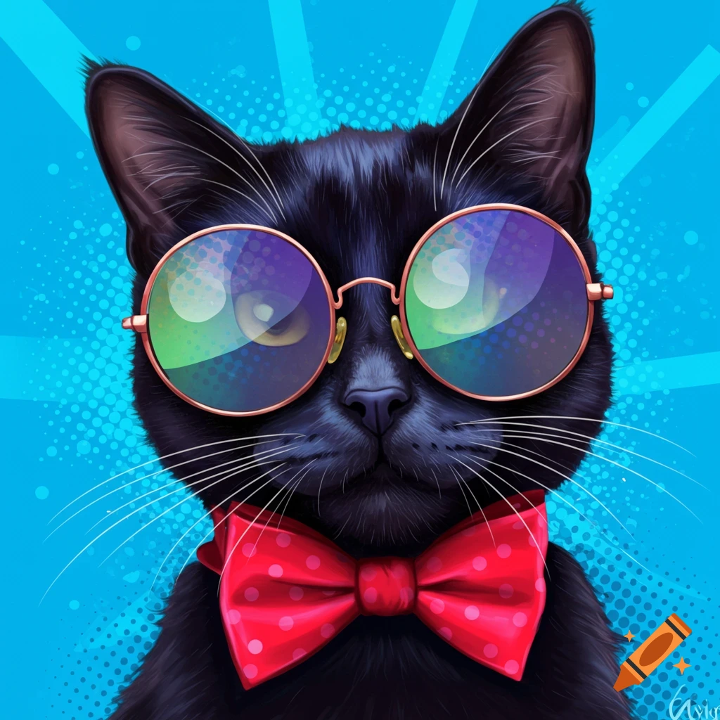 A black cat wearing round glasses and a red polka dot bow tie against a blue pop art background.