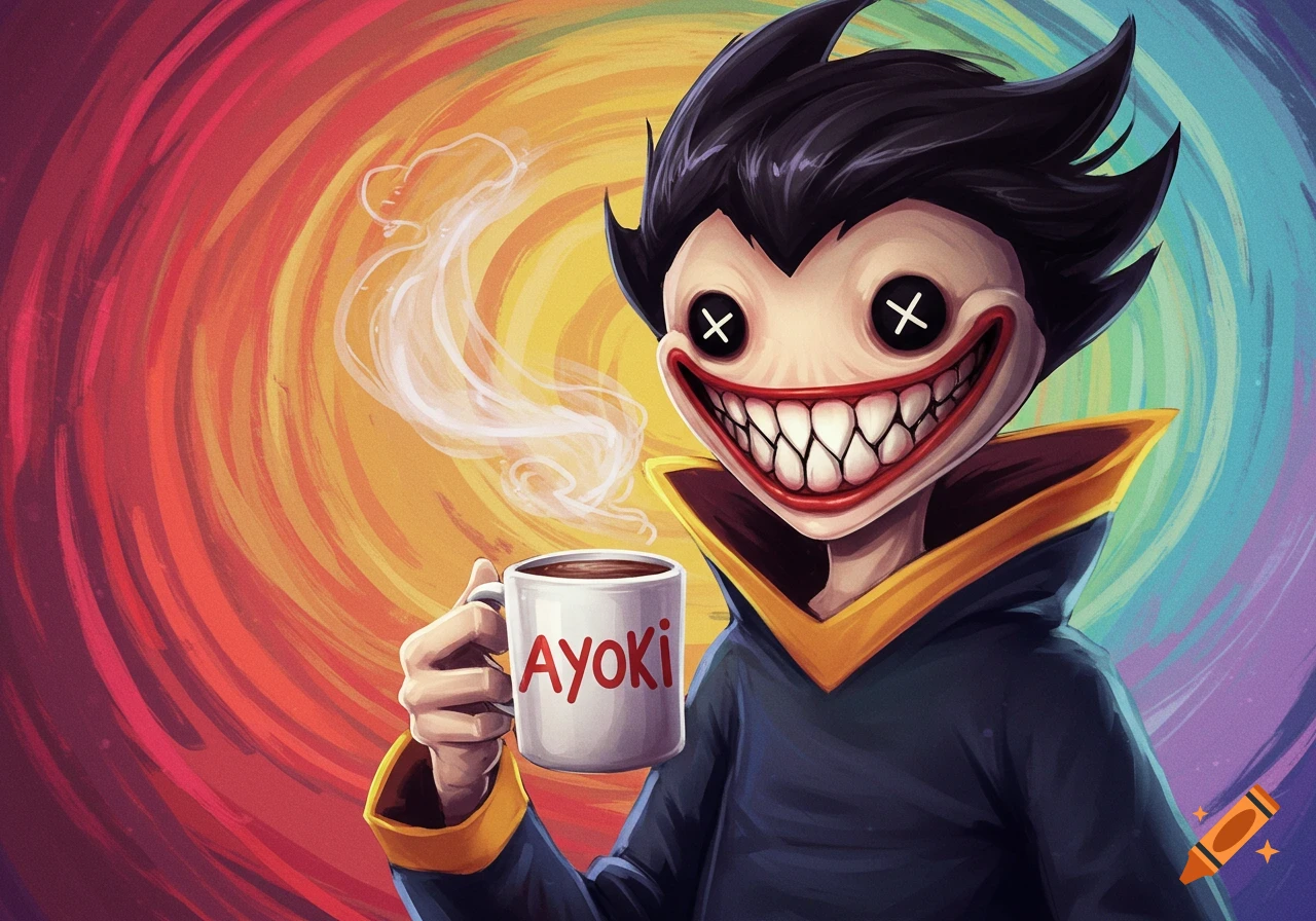 A creepy, stylized character with X eyes and a wide grin holds a coffee mug labeled 'Ayoki' against a colorful swirling background.