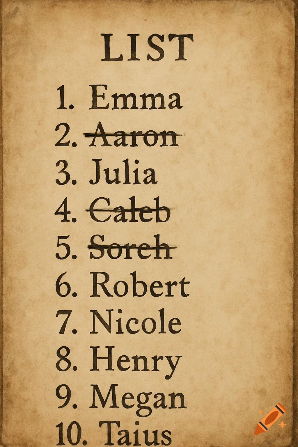 A beige, aged-looking paper displays a black-inked list of ten numbered names, three of which (Aaron, Caleb, and Soreh) are crossed out.