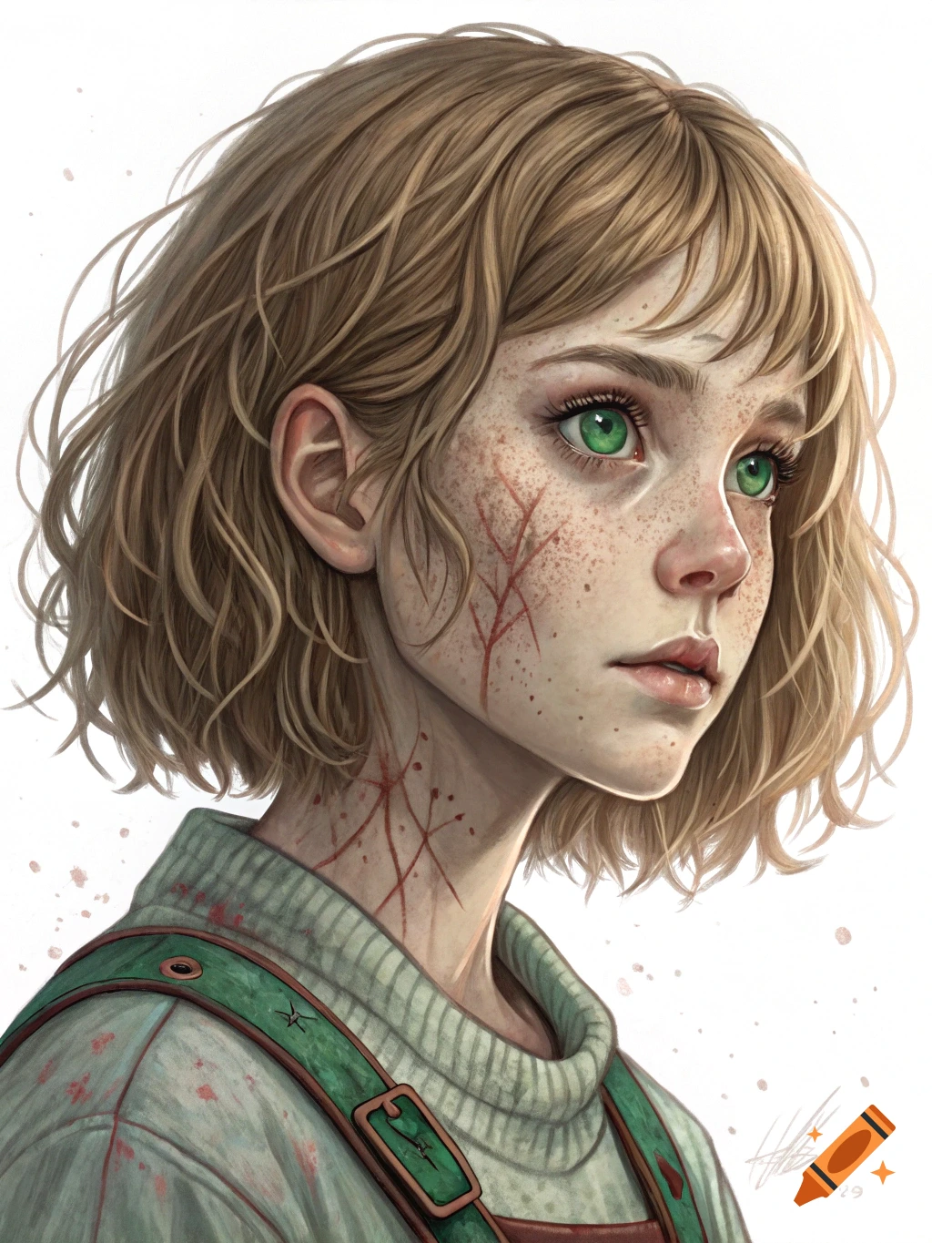 A stylized portrait of a girl with short wavy light brown hair, green eyes, and prominent red scars on her face and neck, wearing a light green sweater and overalls.