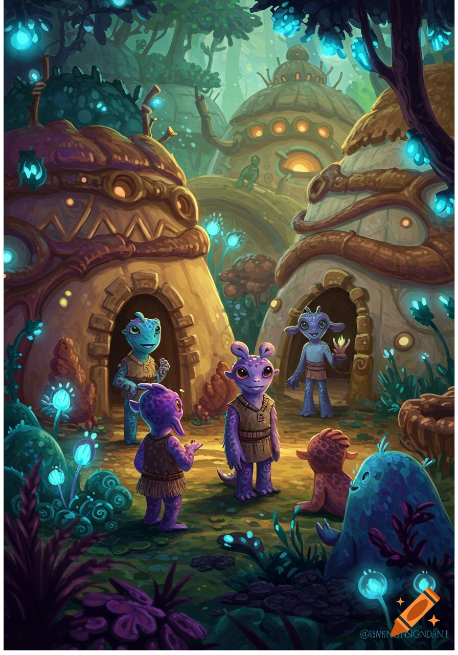Colorful alien creatures in a vibrant, glowing forest village with mushroom-like houses and glowing plants.