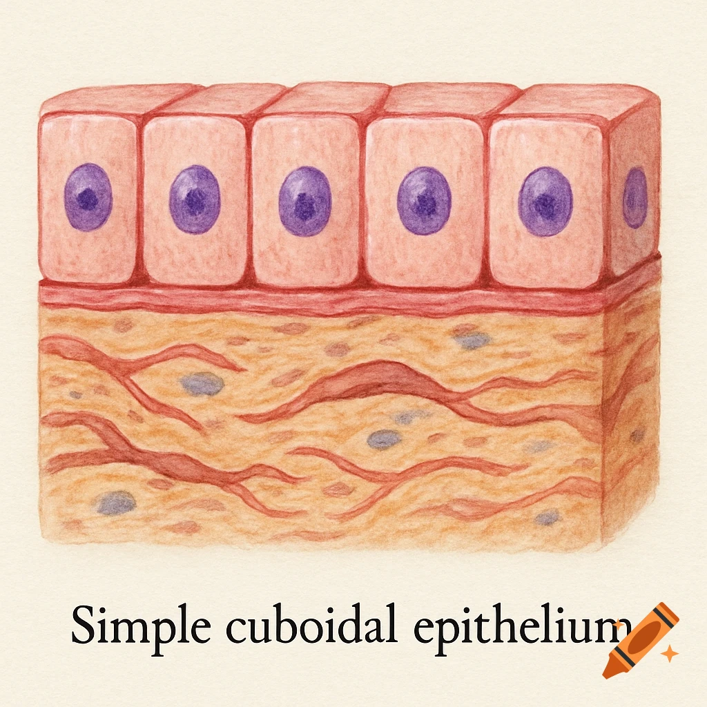 A watercolor illustration of simple cuboidal epithelium, showing a layer of pink cuboid cells with purple nuclei on a textured yellow base, labeled at the bottom.