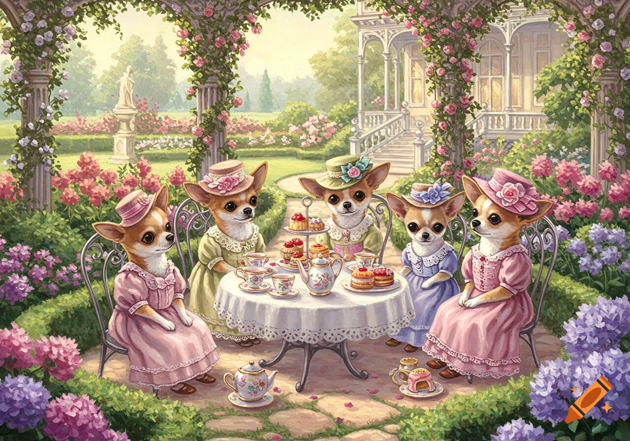Five chihuahuas in hats and dresses having a fancy tea party in a lush Victorian garden, illustrated in a whimsical style.