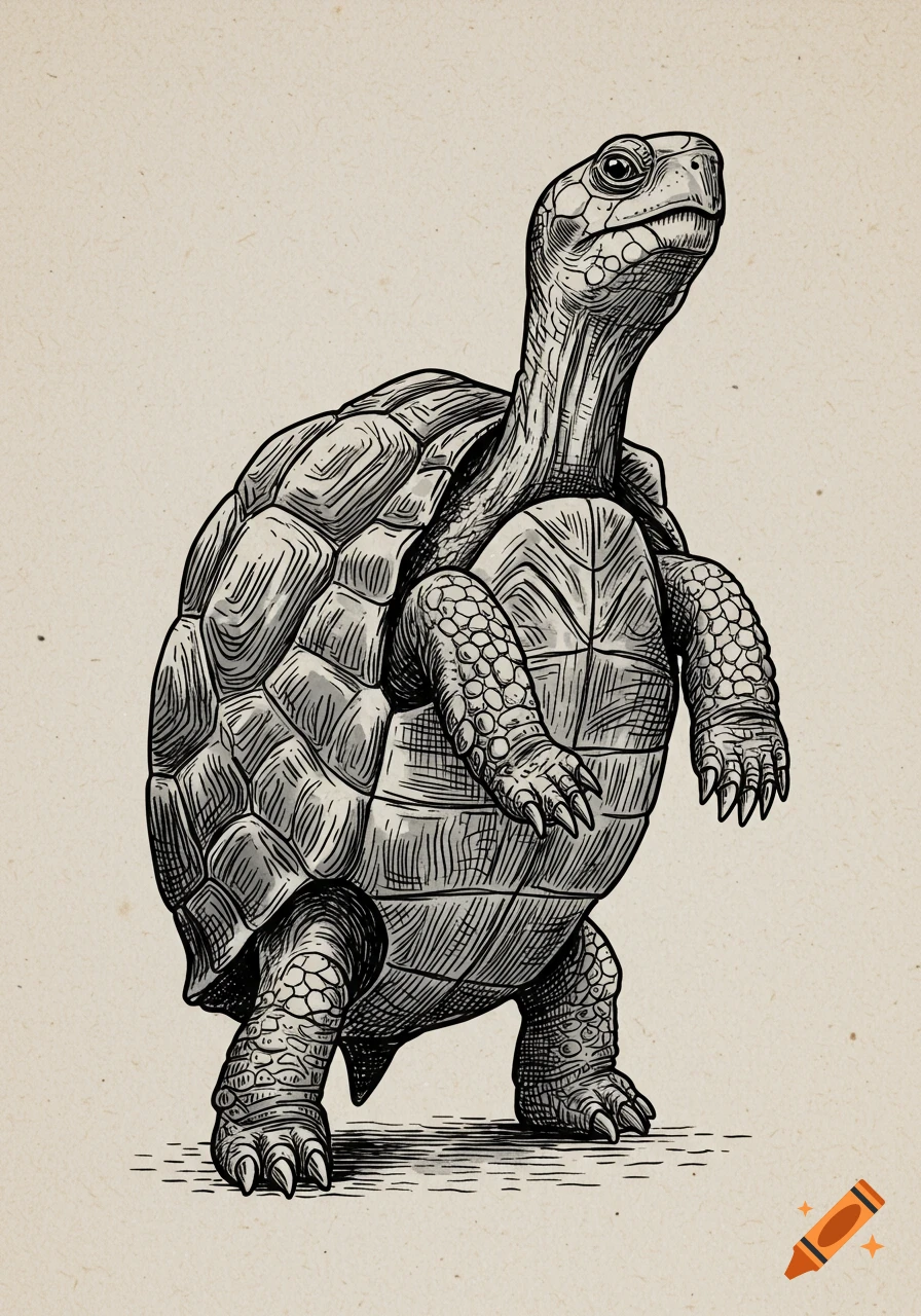 Black and white ink drawing of a turtle standing upright on its hind legs.