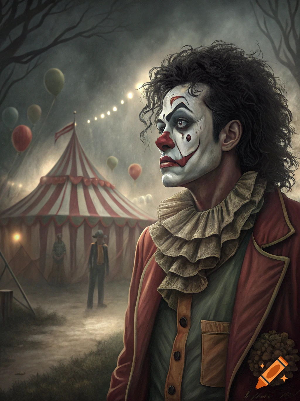 A person with elaborate clown makeup, resembling Michael Jackson, looks pensive at a gloomy circus with a tent and balloons in the background.