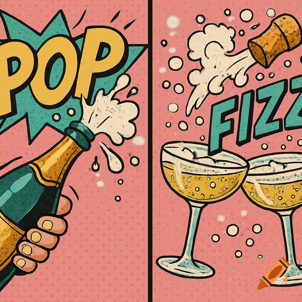 A two-panel pop art illustration showing a champagne bottle popping on the left with "POP" text, and two champagne glasses with the cork flying and "FIZZ" text on the right. Styled in pink, gold, and mint green.