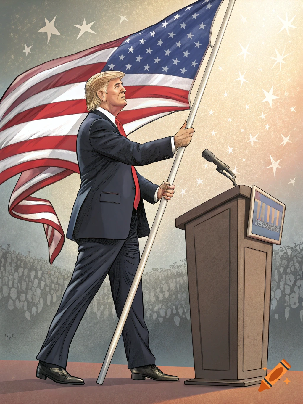 Cartoon illustration of Donald Trump in a suit holding an American flag pole next to a podium, addressing a crowd.
