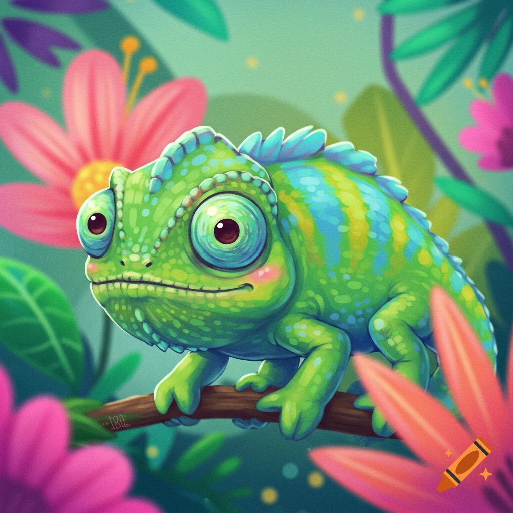 A vibrant, cute, cartoonish green and blue chameleon with big eyes perches on a branch, surrounded by lush pink and orange tropical flowers and leaves.