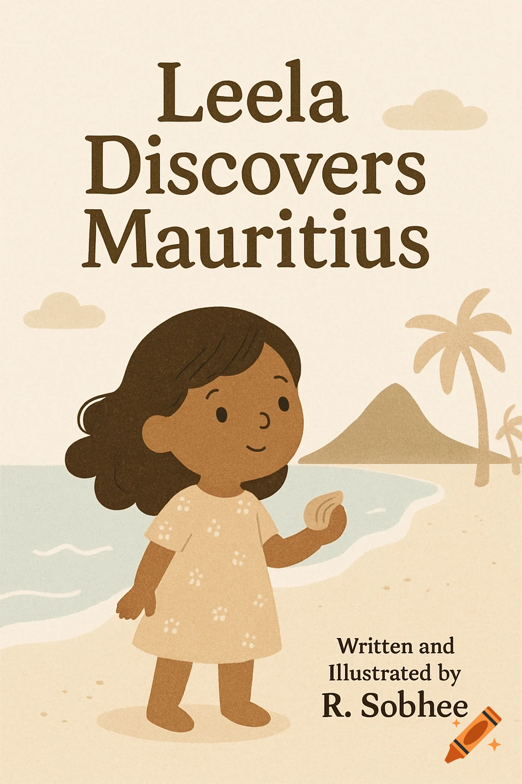 Minimalist children's book cover with a dark-skinned girl holding a seashell on a beach, titled 'Leela Discovers Mauritius'.