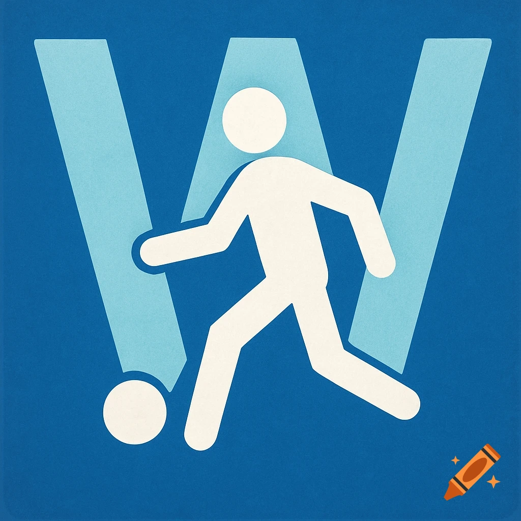 A white stick figure kicks a soccer ball in front of a light blue letter W on a dark blue background, in a stylized sign or icon format.