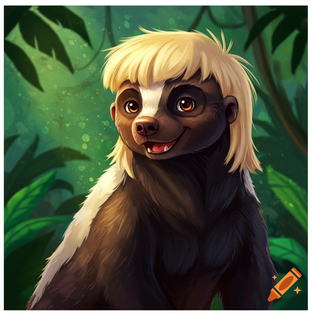 A cartoon honey badger with a blonde mullet smiles in a jungle.