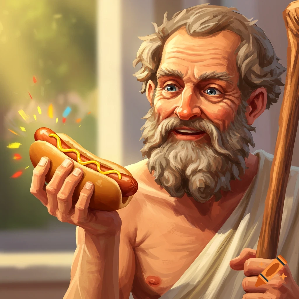 A bearded man in a toga holds a hot dog with glowing colorful sparks, in a painterly style.