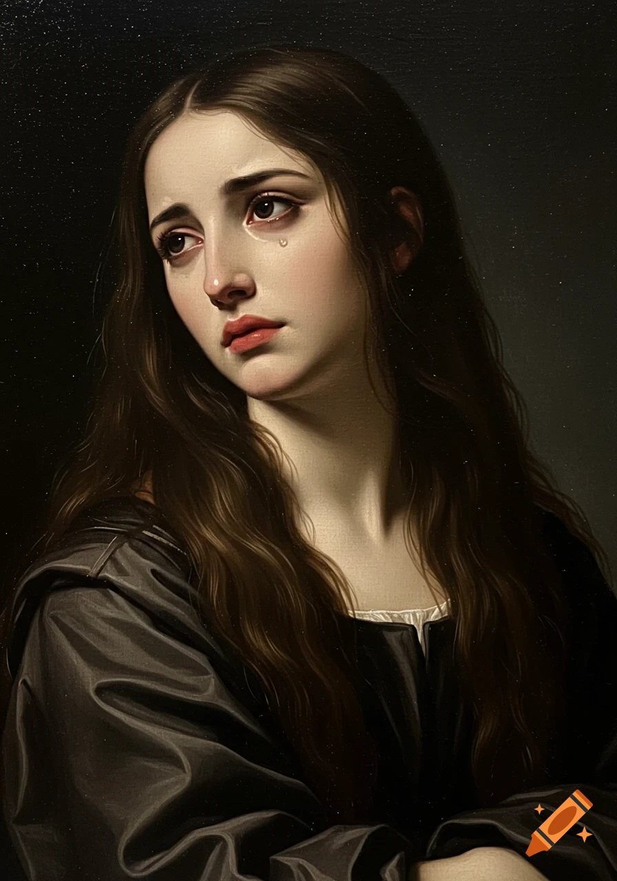 Renaissance oil painting of a sad woman with long dark brown hair, a tear on her cheek.