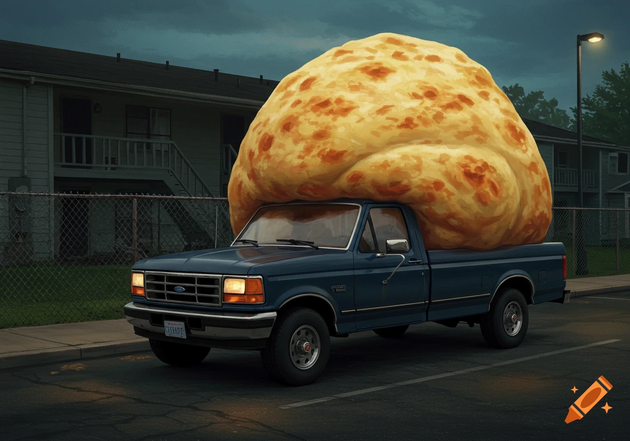 A blue pickup truck parked in an apartment parking lot with a giant, golden-brown pizza dough rising out of its bed.