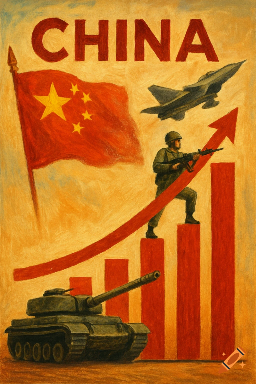 A propaganda-style painting showing the Chinese flag, a soldier, tank, and jet with an upward-trending bar graph, and the word CHINA at the top.