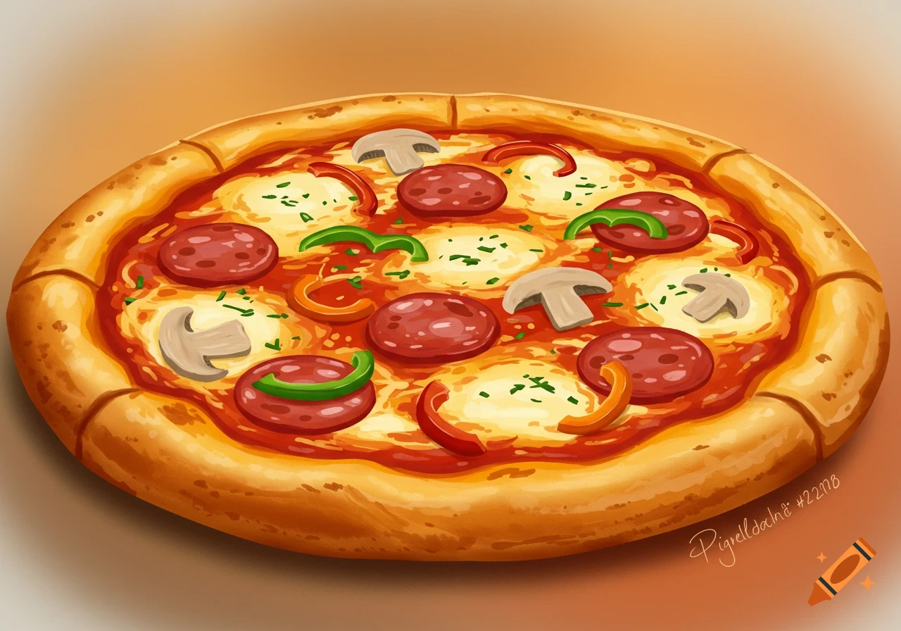 A top-down illustration of a delicious pizza with pepperoni, mushrooms, and bell peppers on an orange background.