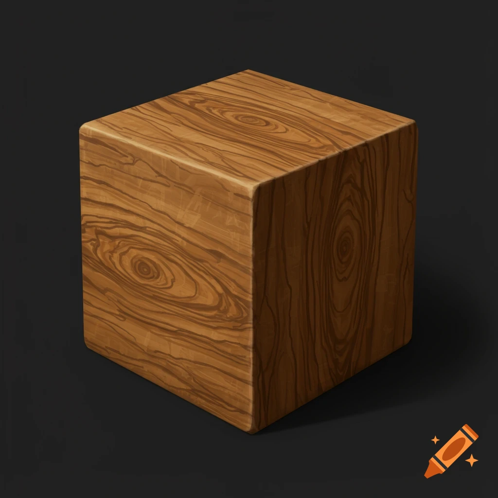 A brown wooden cube with distinct olive wood grain patterns, casting a shadow on a dark background.