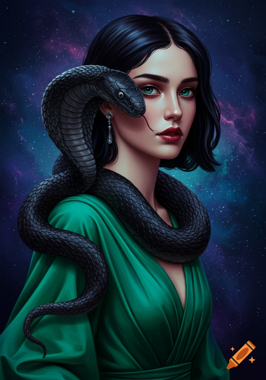 A digital art portrait of a woman with a black snake wrapped around her neck, set against a vibrant starry galaxy background.