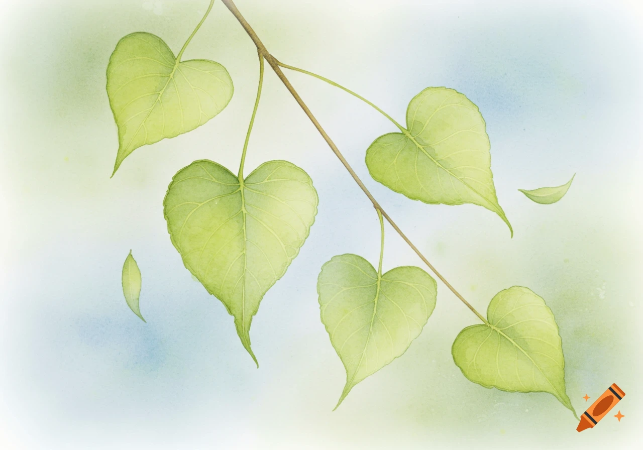 A delicate watercolor painting featuring several green, heart-shaped leaves on a branch against a soft, light blue and green background.