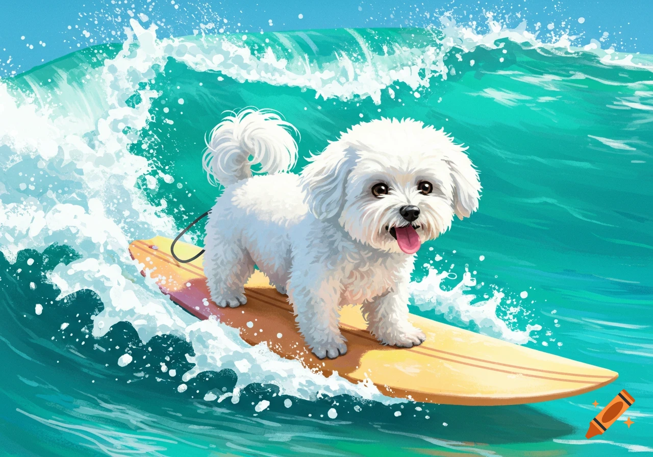 A cute white fluffy dog, possibly a Bichon Frise, stands on an orange surfboard riding a large blue-green ocean wave. Illustration.