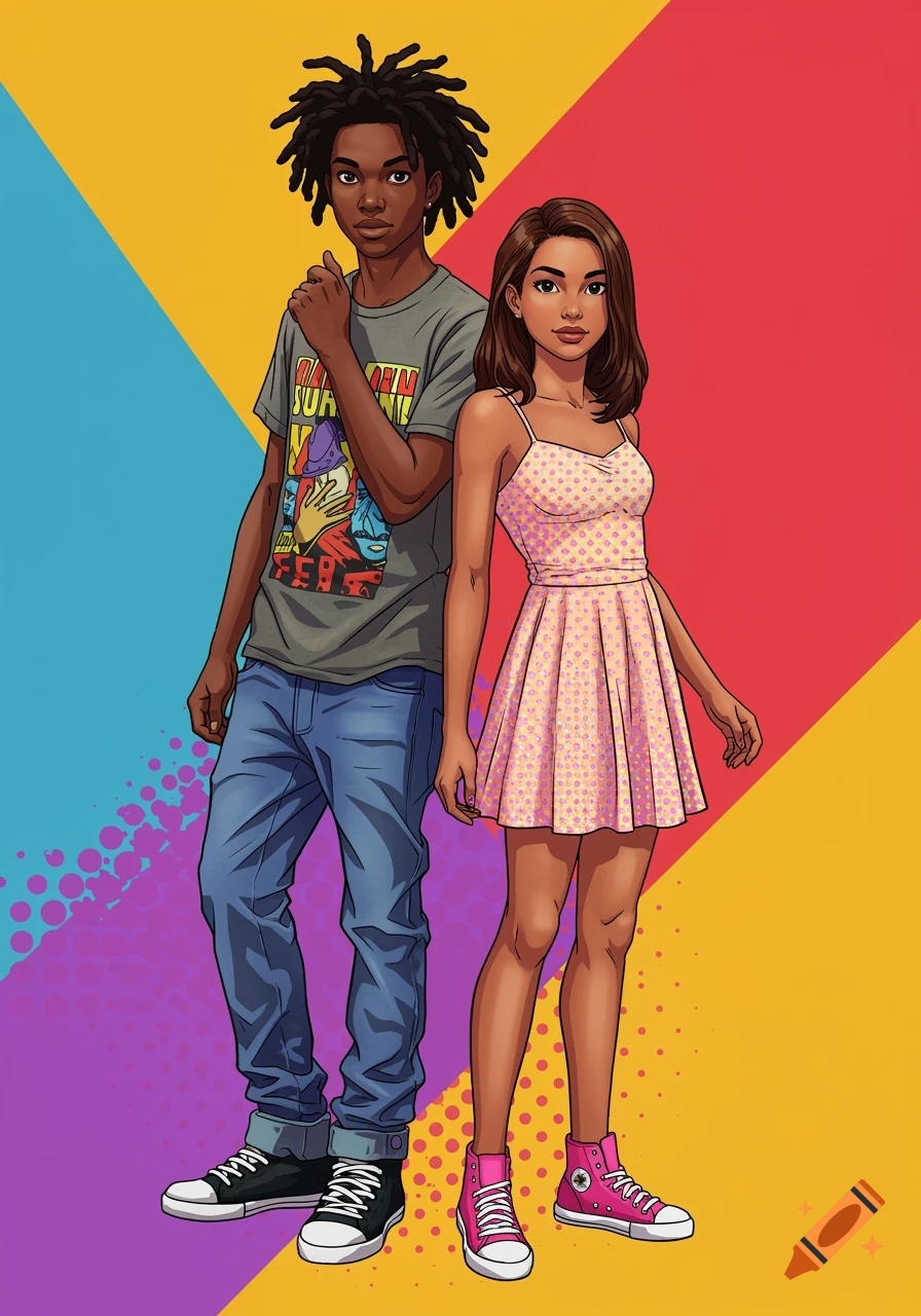 A cartoon of a Black teenage boy with dreadlocks and a Latina teenage girl with brown hair, standing against a colorful geometric background.