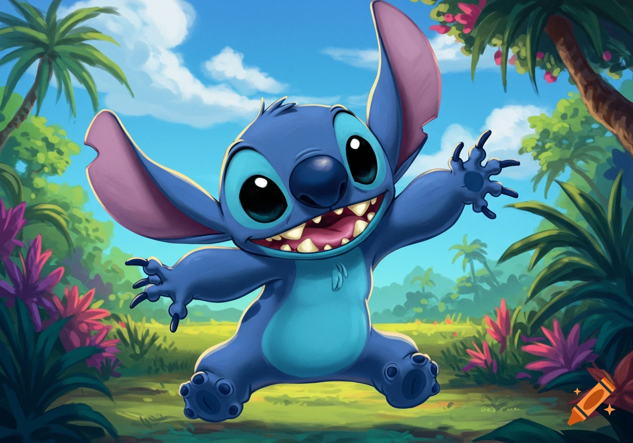 Blue alien character Stitch, smiling with teeth, jumping happily in a vibrant tropical jungle with palm trees.
