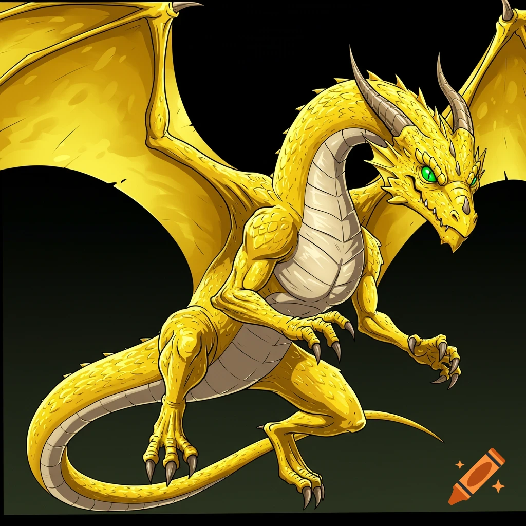 A golden dragon with green eyes, depicted in a graphic novel art style against a dark background.