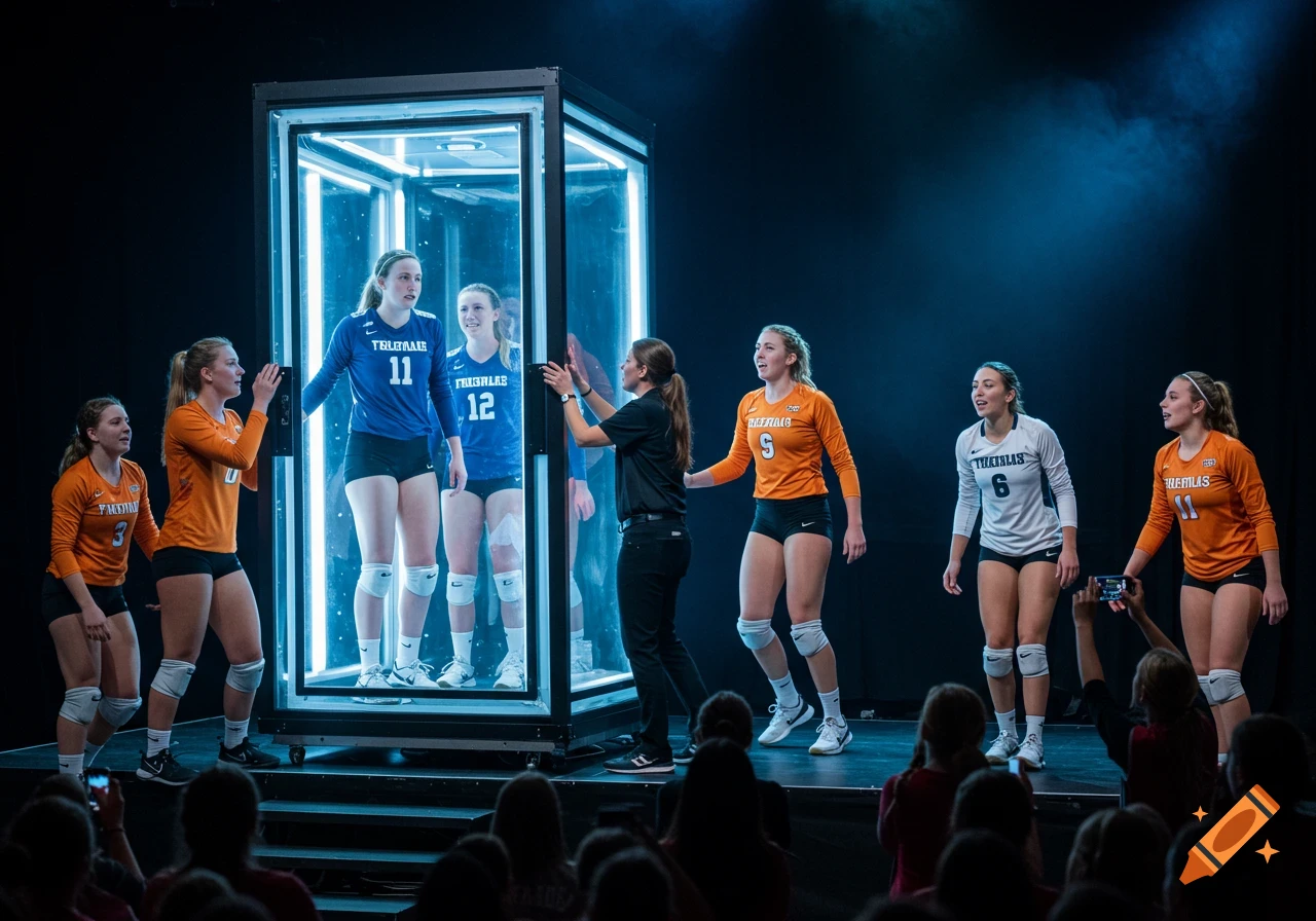 Volleyball players on a stage, some in orange and some in blue uniforms, around a glowing glass box, with an audience visible.