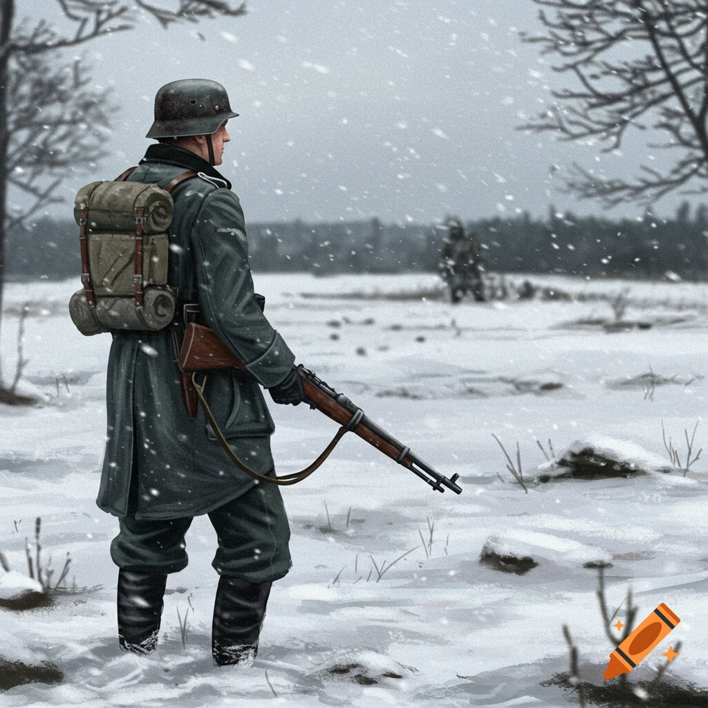 A German soldier wearing a winter coat and helmet stands in a snowy field, holding a rifle, looking right. Snow falls around him.