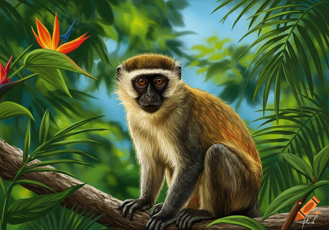An illustrated monkey with brown and beige fur sits on a tree branch in a vibrant green jungle with a red and orange bird of paradise flower.