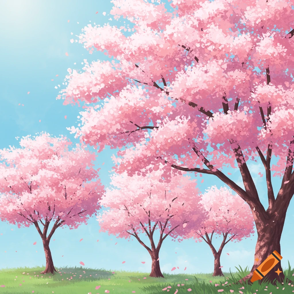 Lush pink cherry blossom trees bloom in a vibrant green field under a clear blue sky, with petals falling onto the grass.